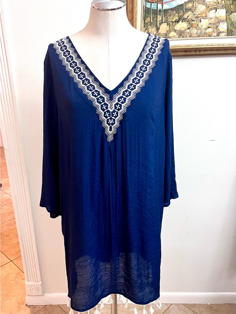 Kona Sol Navy V-Neck Embroidered Swim Coverup with White Trim